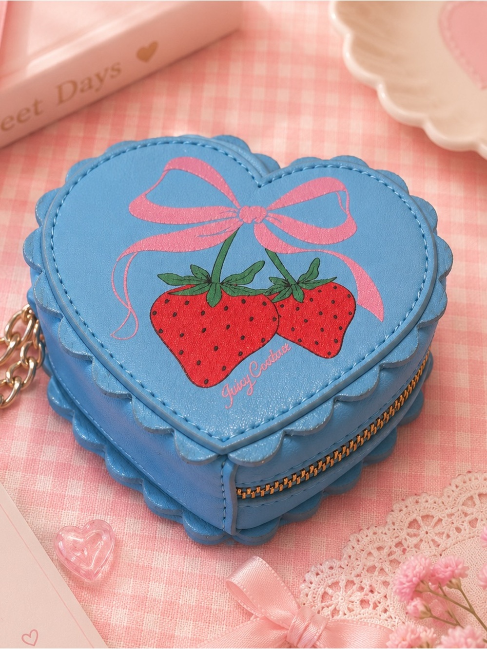 Juicy Couture Blue Heart Strawberry Coin Purse Keychain Charm Wallet